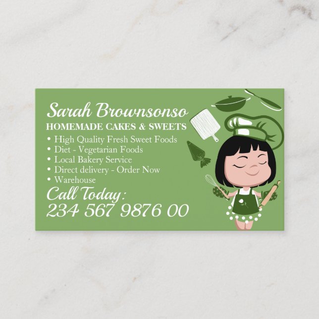 Green Cartoon Girl Bakery Cake Pastry Cooking Business Card (Front)