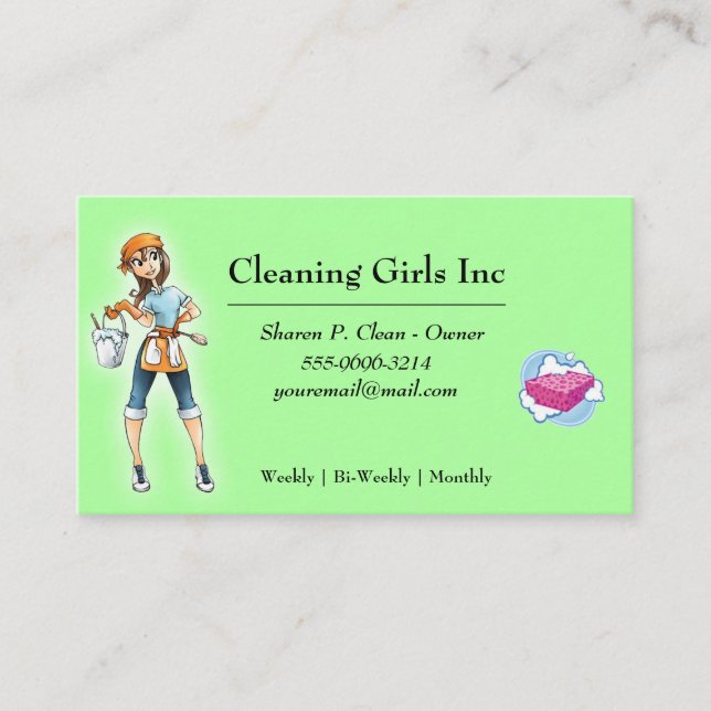 Green Cartoon Girl House Cleaning Service Business Card (Front)