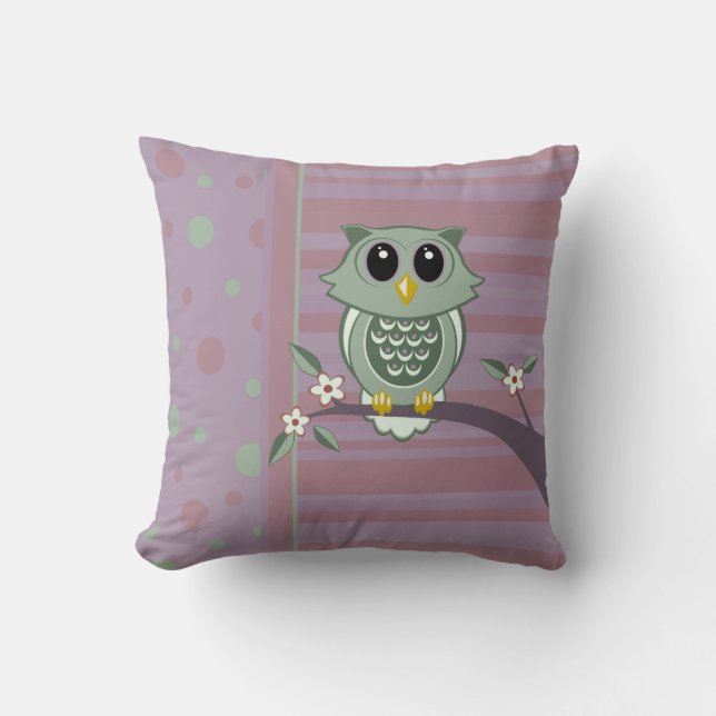 Green Cartoon Owl, polka dots and stripe pattern Cushion (Front)