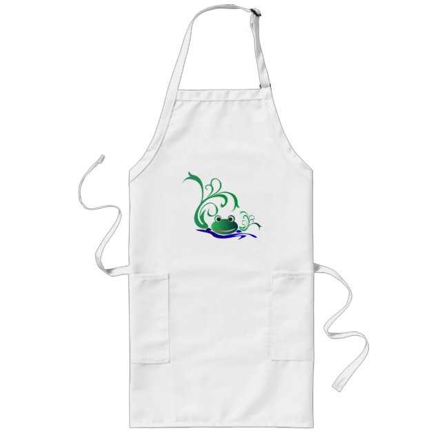 Green Cartoon Smiling Frog Face over water Long Apron (Front)