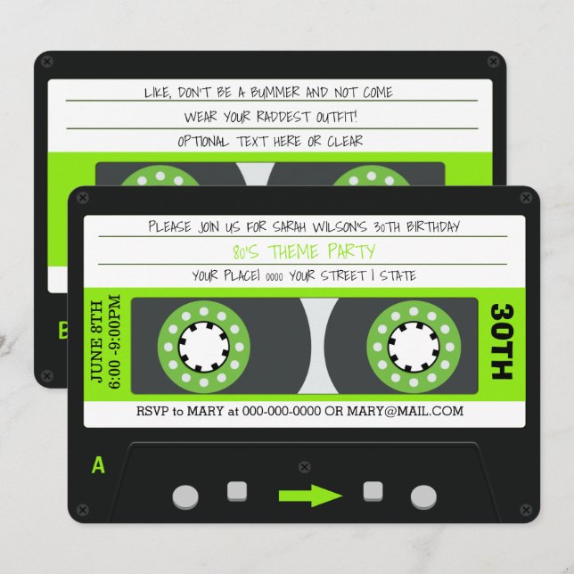 Green Cassette Tape Retro 80s Birthday Party  Invitation (Front/Back)