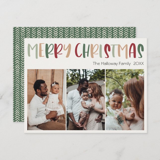 Green Casual Colourful Christmas Three Photo Holiday Card (Front/Back)