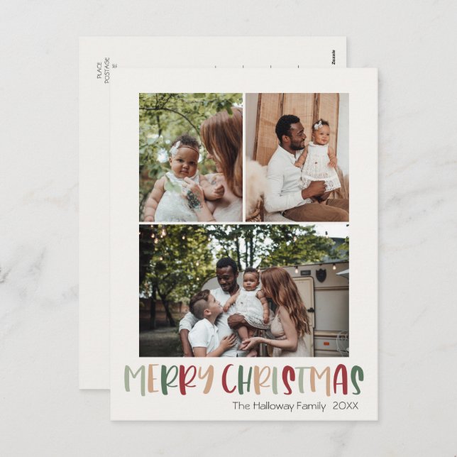 Green Casual Colourful Christmas Vertical 3 Photo Holiday Postcard (Front/Back)