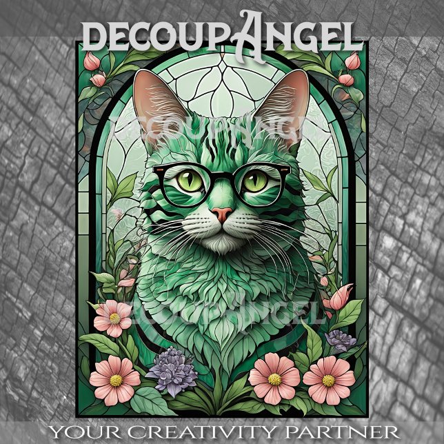 Green Cat and Flowers -Decoupage_ Tissue Paper (Creator Uploaded)
