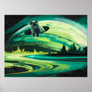 Green Cat Weird Planet Wormhole Poster Print Art