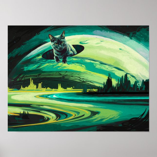 Green Cat Weird Planet Wormhole Poster Print Art (Front)