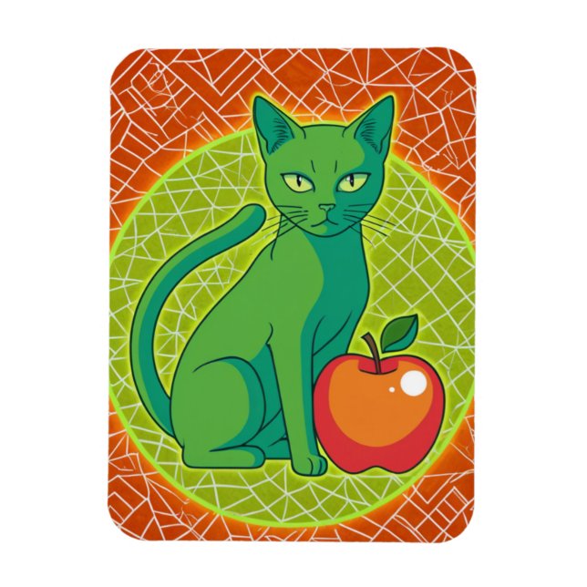 Green Cat with Apple – Colour Pop Fridge Magnet (Vertical)