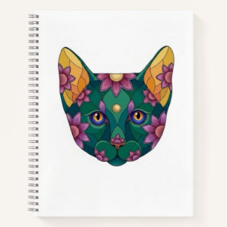 GREEN CAT with FLOWERS Sketchbook Spiral Notebook