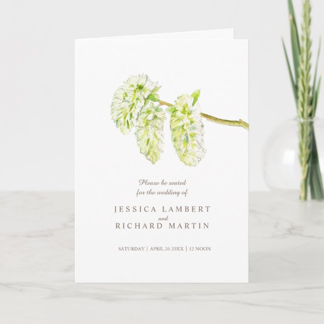 Green catkins watercolor art wedding programme (Front)