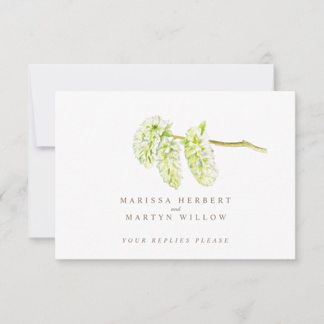 Green Catkins watercolor wedding QR code RSVP Card (Front)