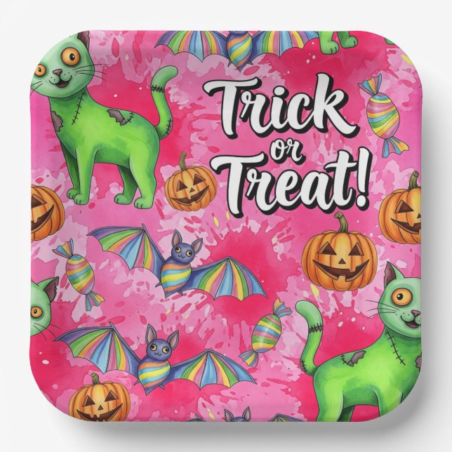  Green Cats and Flying Bats, by Natasha Us   Paper Plate (Front)