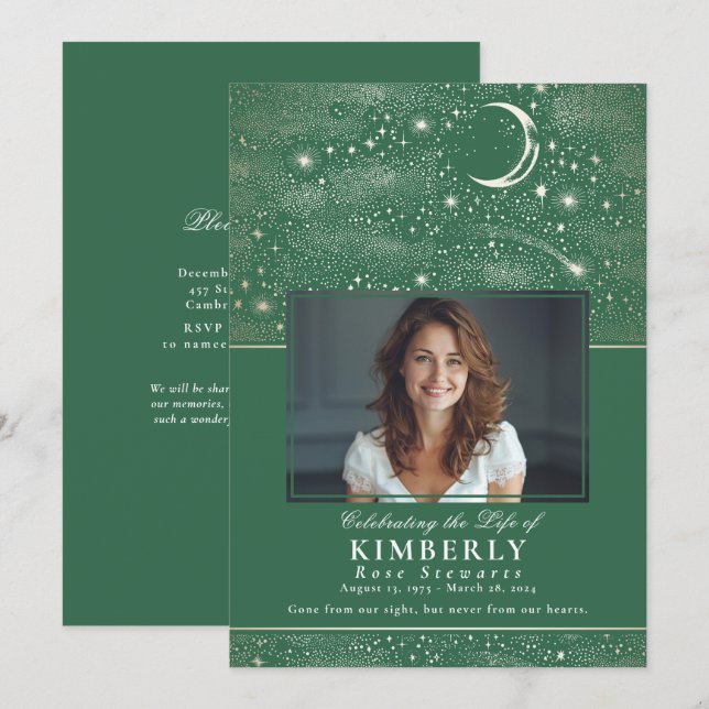 Green Celebration of Life Funeral Memorial Photo Invitation (Front/Back)