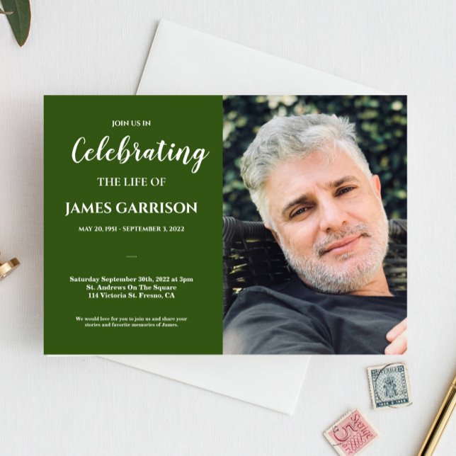 Green Celebration of Life With Photo Funeral Invitation (Creator Uploaded)