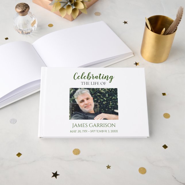Green Celebration of Life With Photo Memorial Guest Book (Front Open)