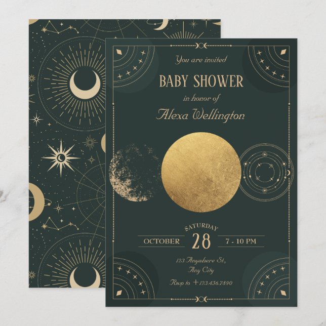 Green celestial Moon mystical baby shower Invitation (Front/Back)