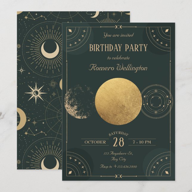 Green celestial Moon mystical birthday Invitation (Front/Back)