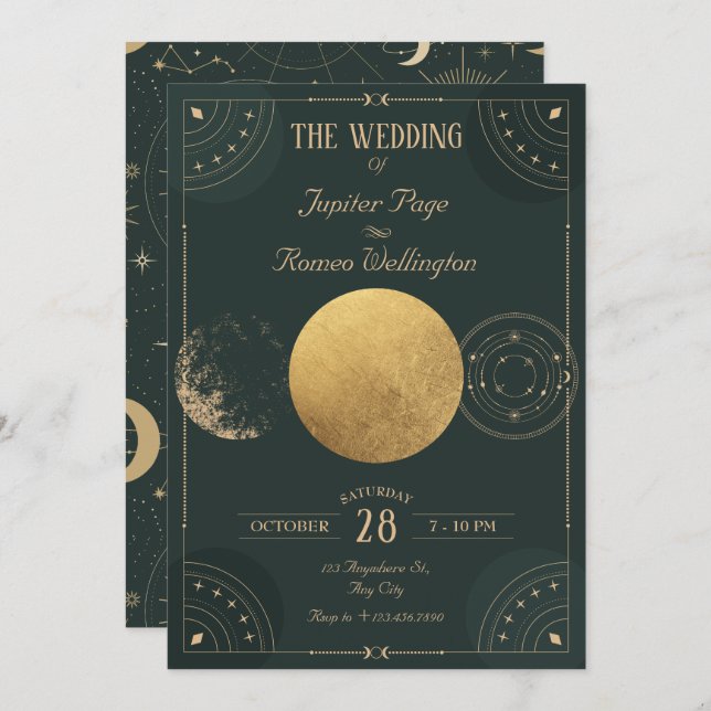 Green celestial Moon mystical wedding Invitation (Front/Back)