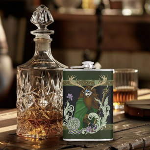 Green Celtic Antlers Man Hip Flask