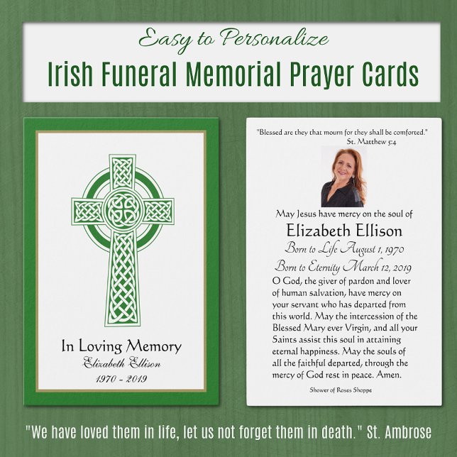 Green Celtic Cross Funeral Memorial Prayer  (Irish Traditional Classic Funeral Memorial Prayer Cards )