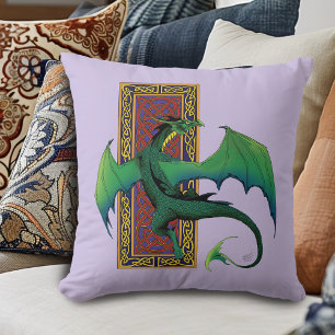 Green Celtic Dragon Purple Fantasy Knotwork Cushion