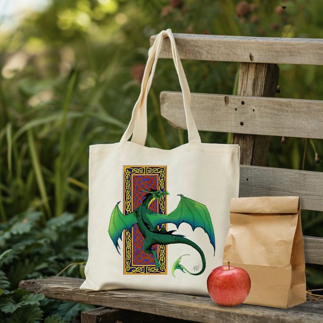 Green Celtic Dragon Purple Fantasy Knotwork Tote Bag (Creator Uploaded)
