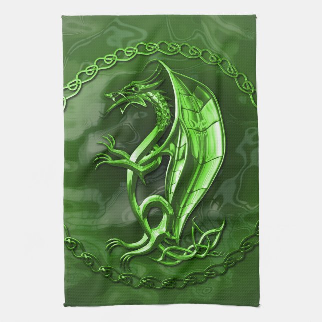 Green Celtic Dragon Tea Towel (Vertical)