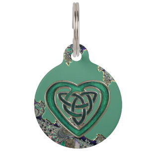 Green Celtic Heart On Mystical Fractal Pet Tag