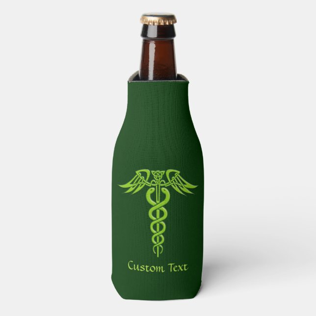 Green Celtic Knot Caduceus Bottle Cooler (Bottle Front)