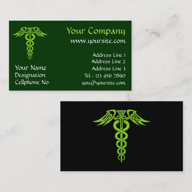 Green Celtic Knot Caduceus Business Card (Front/Back)