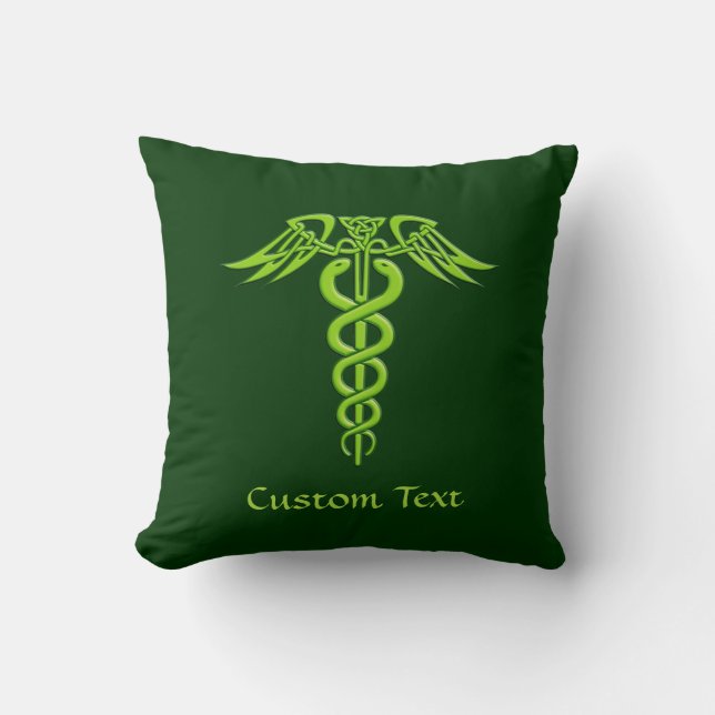 Green Celtic Knot Caduceus Cushion (Front)