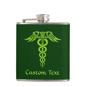 Green Celtic Knot Caduceus Hip Flask