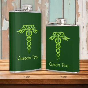 Green Celtic Knot Caduceus Hip Flask