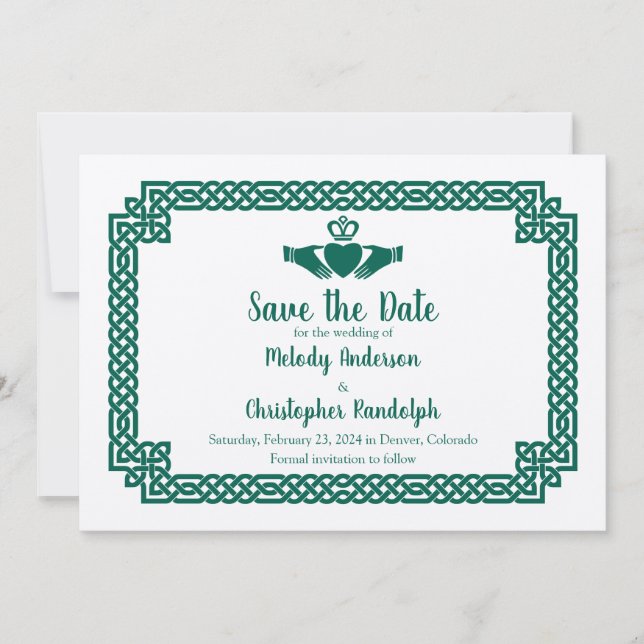 Green Celtic Knot Claddagh Wedding Save the Date (Front)