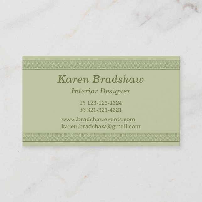 Green Celtic Knot Interior Designer Business Cards (Front)