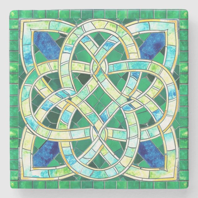 Green Celtic Knot Stone Mosaic Stone Coaster (Front)