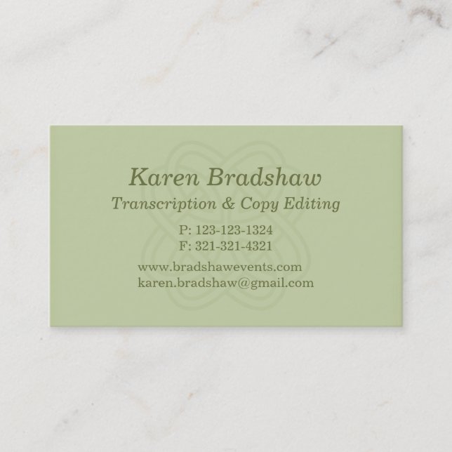 Green Celtic Knot Transcription Business Cards (Front)