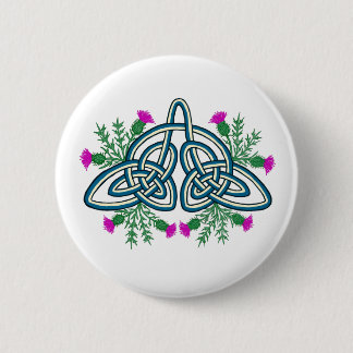 Green Celtic Knot with Purple Scottish Thistles 6 Cm Round Badge
