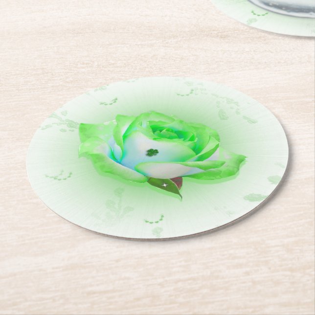 Green Celtic Rose Round Paper Coaster (Angled)