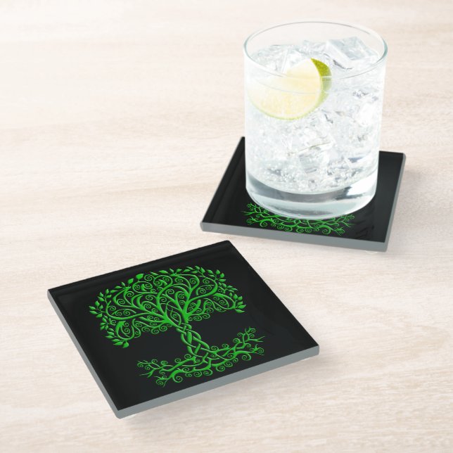 Green Celtic Tree Of Life Glass Coaster (Angled)