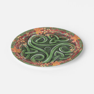 Green Celtic Triskelion Mabon Harvest Party Paper Plate