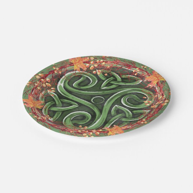 Green Celtic Triskelion Mabon Harvest Party Paper Plate (Angled)