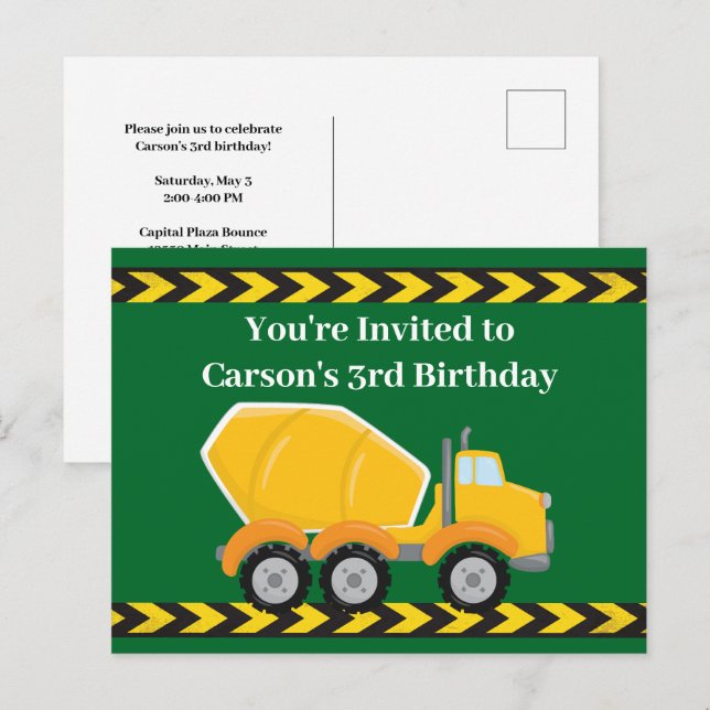 Green Cement Mixer Truck Boys Birthday Party Invitation Postcard (Front/Back)