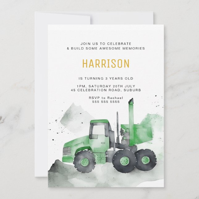 Green Cement Truck Birthday Invitation (Front)