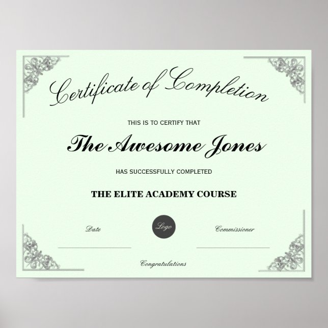 Green Certificate of Completion Custom Logo Poster (Front)