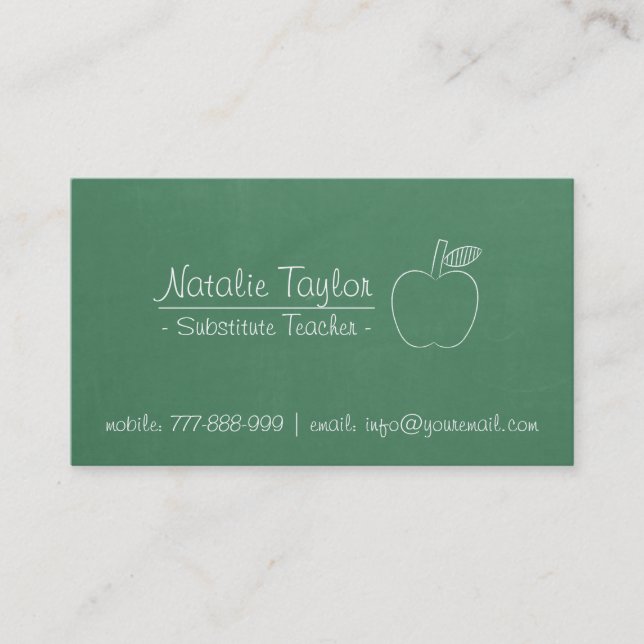 Green Chalkboard Apple Substitute Teacher Tutor Business Card (Front)