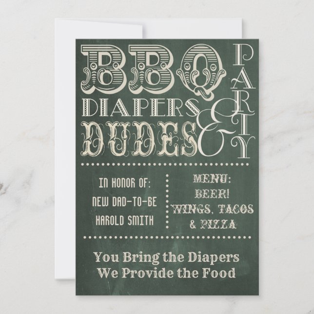 Green Chalkboard BBQ Diapers and DUDES Baby Shower Invitation (Front)