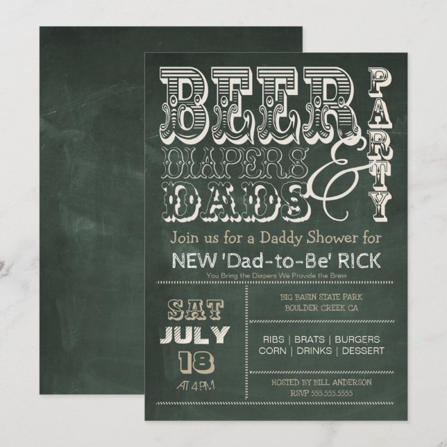 Green Chalkboard BEER Diapers & DADS Baby Shower Invitation (Front/Back)