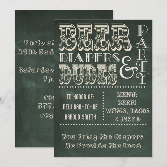 Green Chalkboard Beer Diapers & DUDES Baby Shower Invitation (Front/Back)