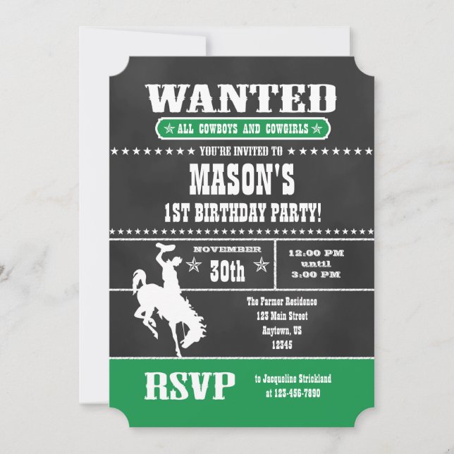 Green Chalkboard Cowboy Birthday Invitation (Front)
