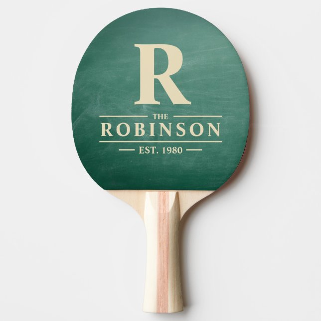 Green Chalkboard Family Name & Initial Ping Pong Paddle (Front)